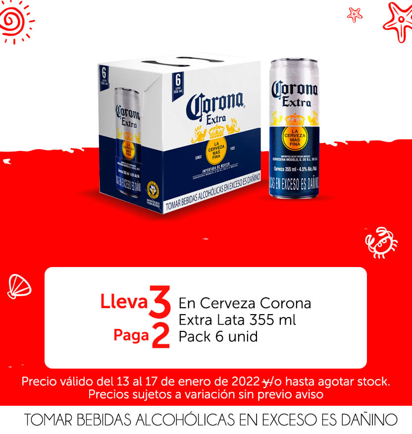 Lleva 3 y Paga 2 En Cerveza Corona Extra Lata 355 ml Pack 6 unid