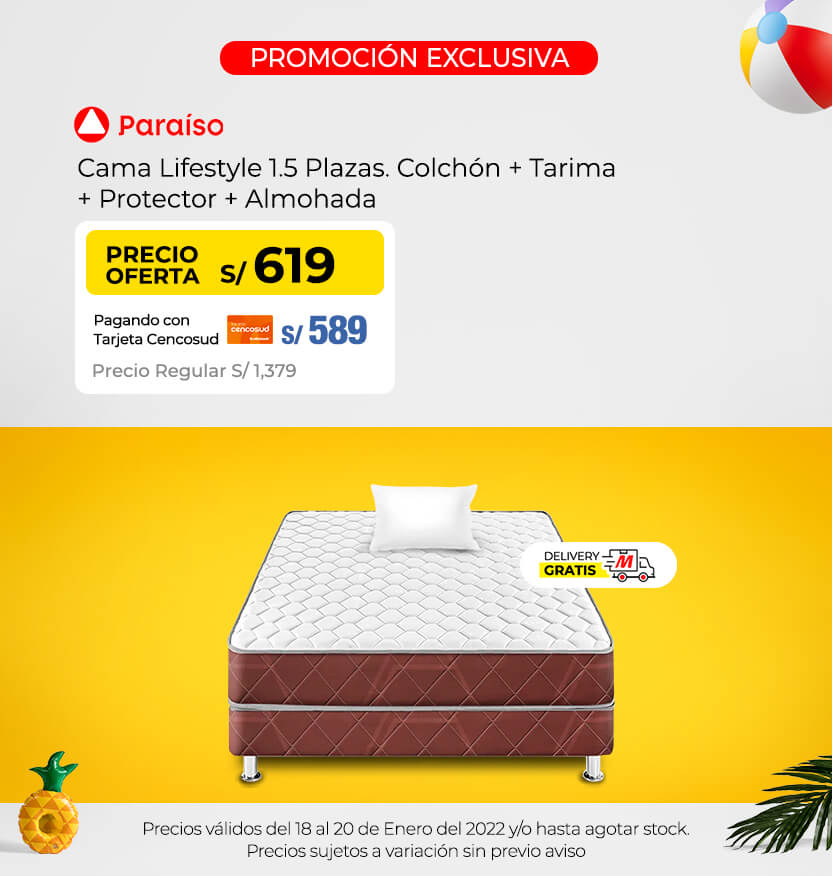 Cama Lifestyle 1.5 Plazas. Colchón + Tarima + Protector + Almohada(Logo Paraiso)(Poner 1 almohadas)Delivery Gratis)