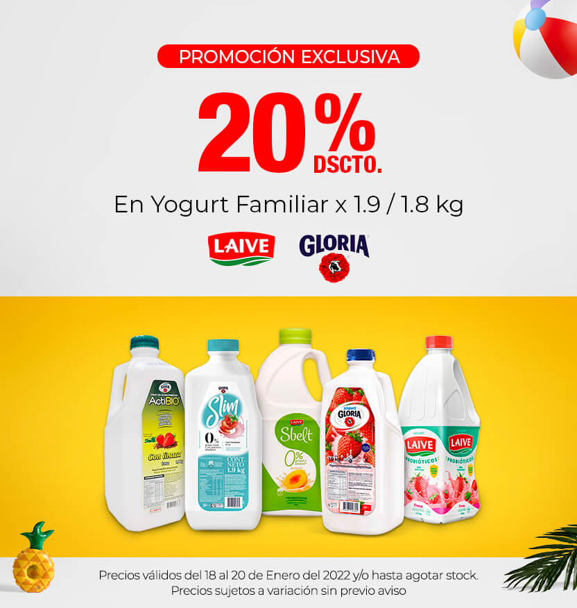 20% Dscto. En Yogurt Familiar Gloria y Laive x 1.9/ 1.8 kg 