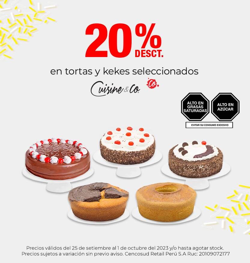 20% desct. en tortas y kekes seleccionados Cuisisne & Co