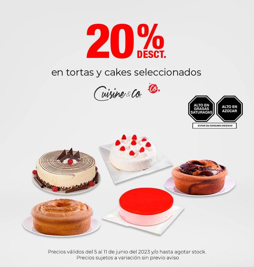 20% desct. en tortas y cakes Cuisine & Co seleccionados