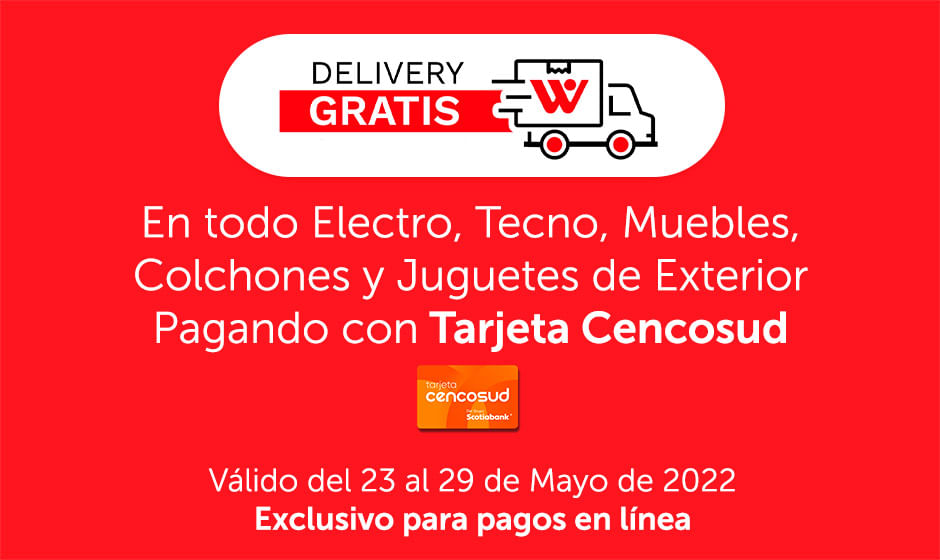 Delivery gratis con Tcenco en todo Electro, Tecno, Muebles, Colchones y Juguetes de Exterior *Exclusivo para pagos en linea