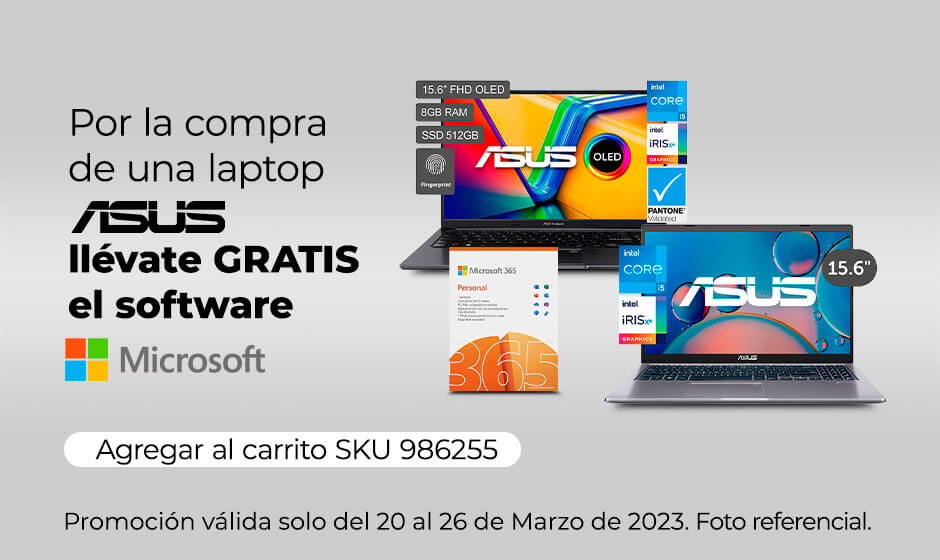 Por la compra de una laptop Asus llévate gratis el  gratis el software Microsoft de regalo