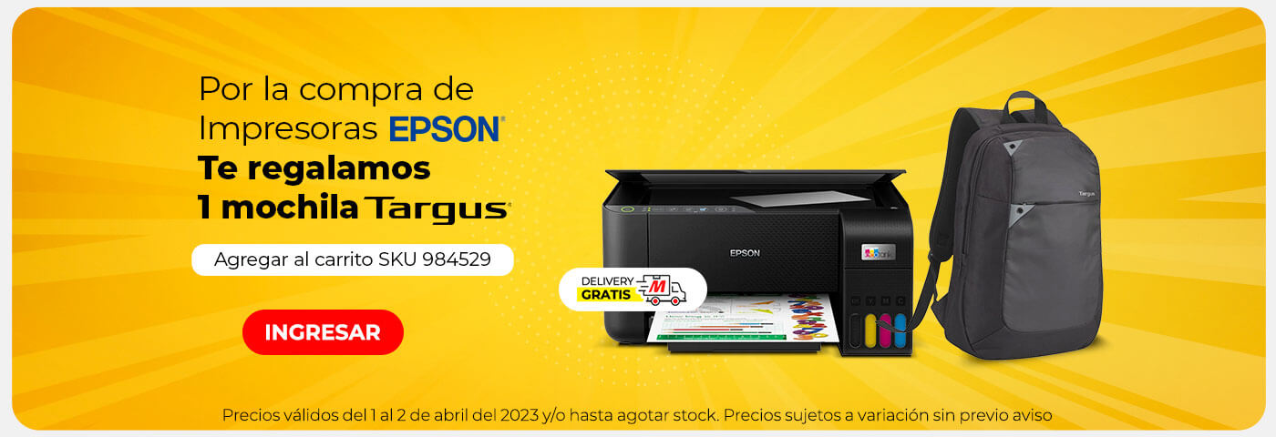 Por la compra de Impresoras EPSON (logo) TE REGALAMOS una mochila TARGUS (logo) COLOCAR TEXTO AGREGAR AL CARRITO SKU 984529 y TARGUS con logo de marca