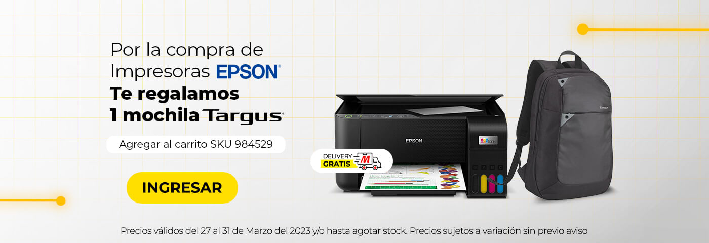 Por la compra de Impresoras EPSON (logo) TE REGALAMOS una mochila TARGUS (logo) COLOCAR TEXTO AGREGAR AL CARRITO SKU 984529 y TARGUS con logo de marca