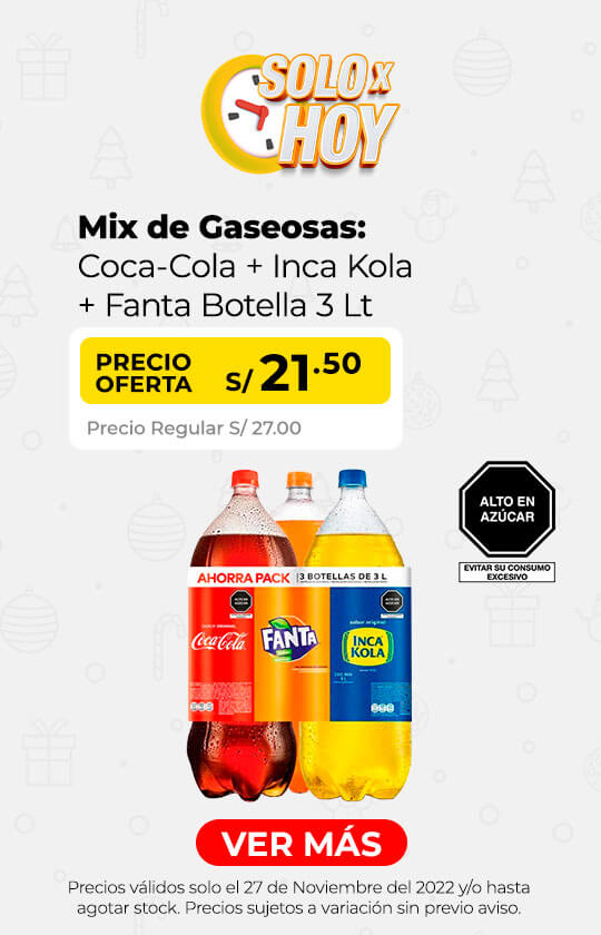 Mix de Gaseosas: Coca Cola + Inca Kola + Fanta Botella 3 Lt