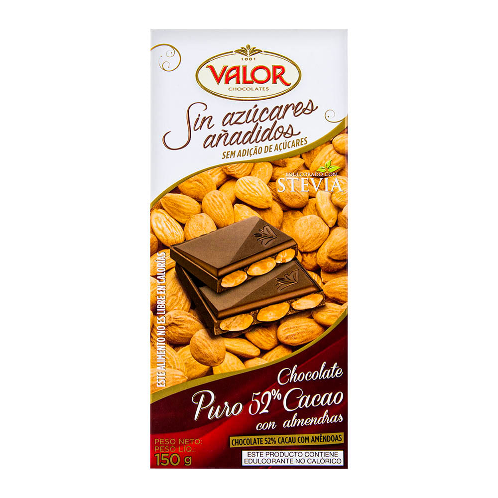 Chocolate Puro con Almendras 52% Cacao Sin Azúcar Añadida Valor Tableta 150  g 