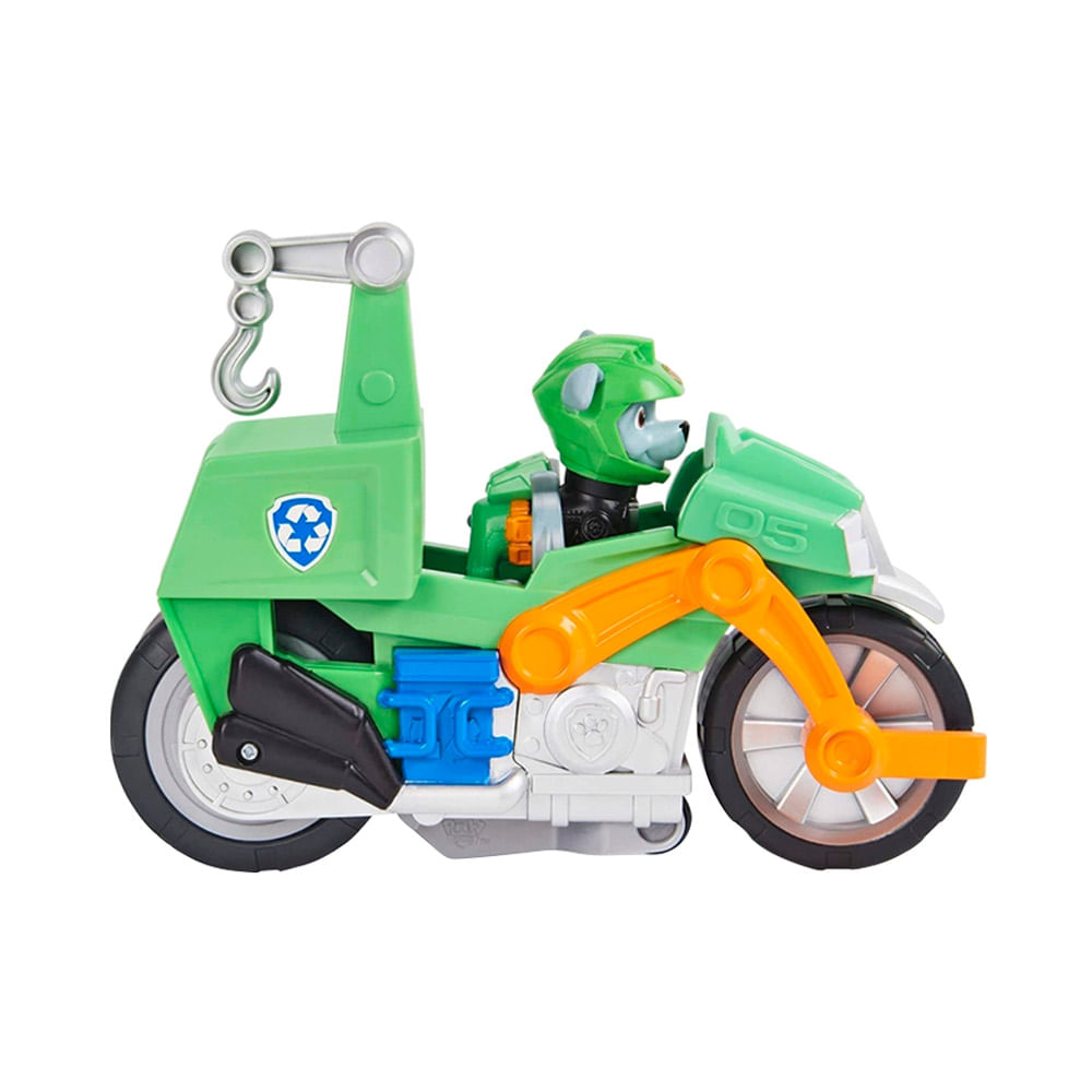 Paw Patrol, Moto Pups Deluxe de Rocky, vehículo de motocicleta de tracción  que hace piruetas, figura de juguete